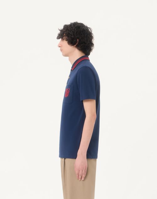 Valentino - Cotton Piqué Polo Shirt With Vg Embroidery - Blue - Man - T-shirts And Sweatshirts